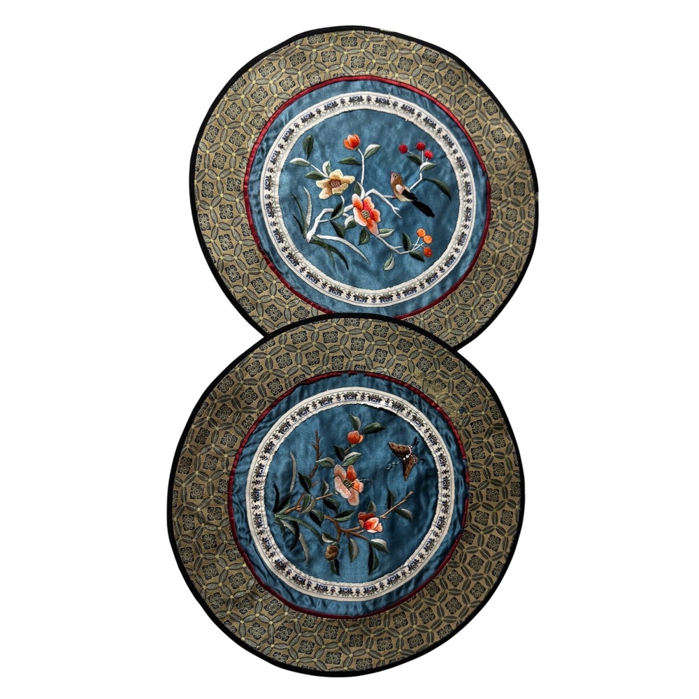 Vintage Chinese Silk Embroidered Round Wall‎ Panels Blue Floral Bird Pair 10"